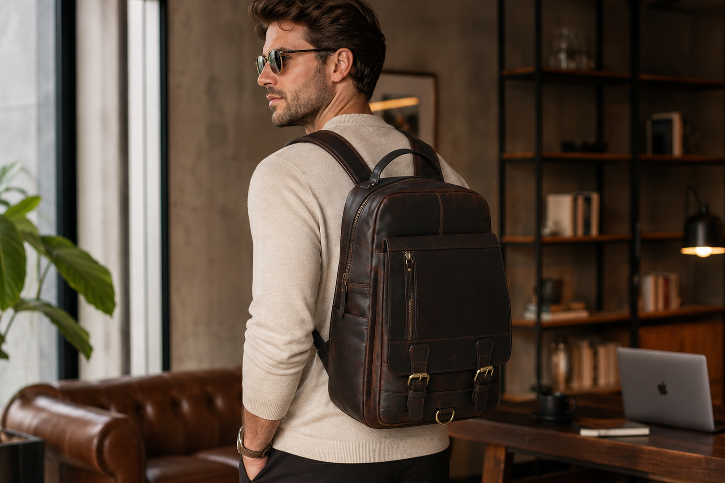 Full-Grain Leather Laptop Backpack – Professional Work Travel Bag