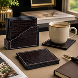 Croc-Textured Leather Coaster Set with Holder – Premium Table Decor
