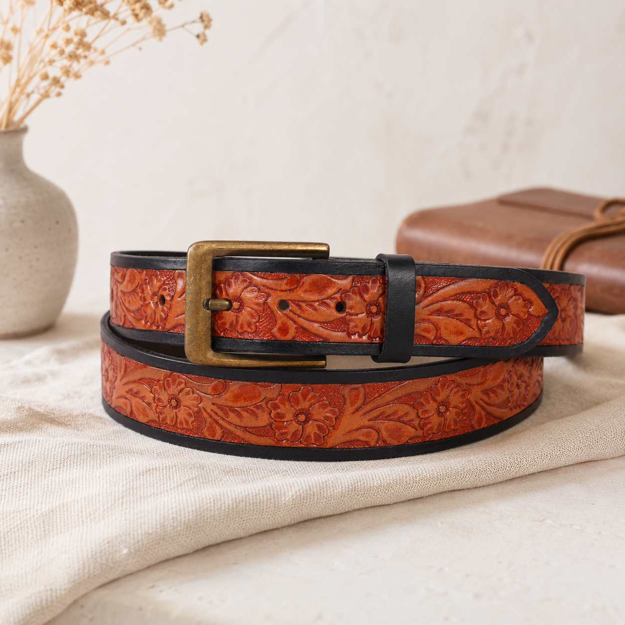 Embossed Floral Leather Belt – Western Brown Waist Belt