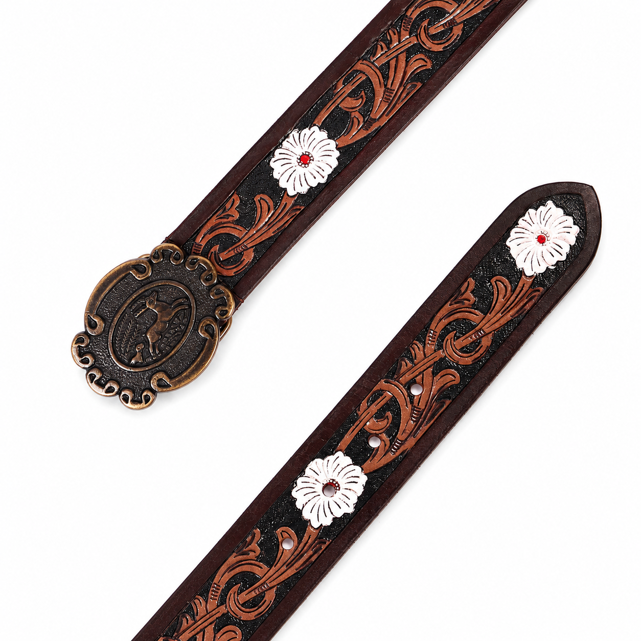 Western Embossed Leather Belt – Floral Brown Waist Belt with Antique Buckle