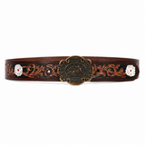 Western Embossed Leather Belt – Floral Brown Waist Belt with Antique Buckle