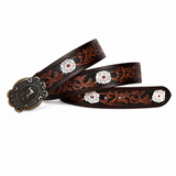 Western Embossed Leather Belt – Floral Brown Waist Belt with Antique Buckle