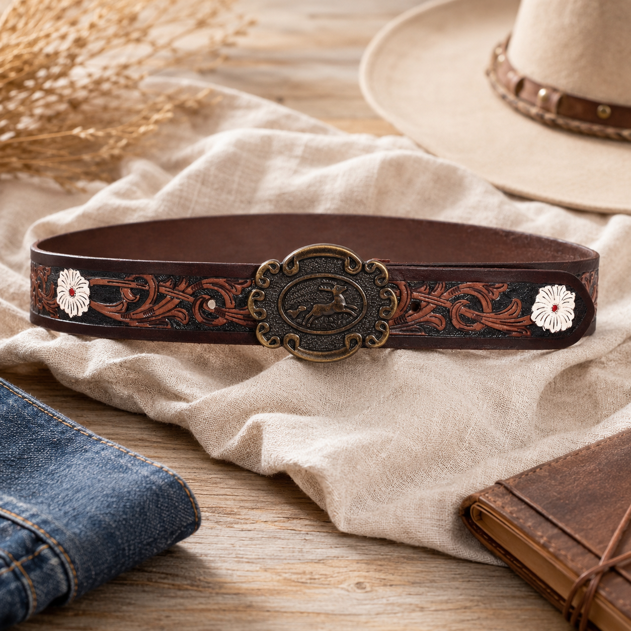 Western Embossed Leather Belt – Floral Brown Waist Belt with Antique Buckle