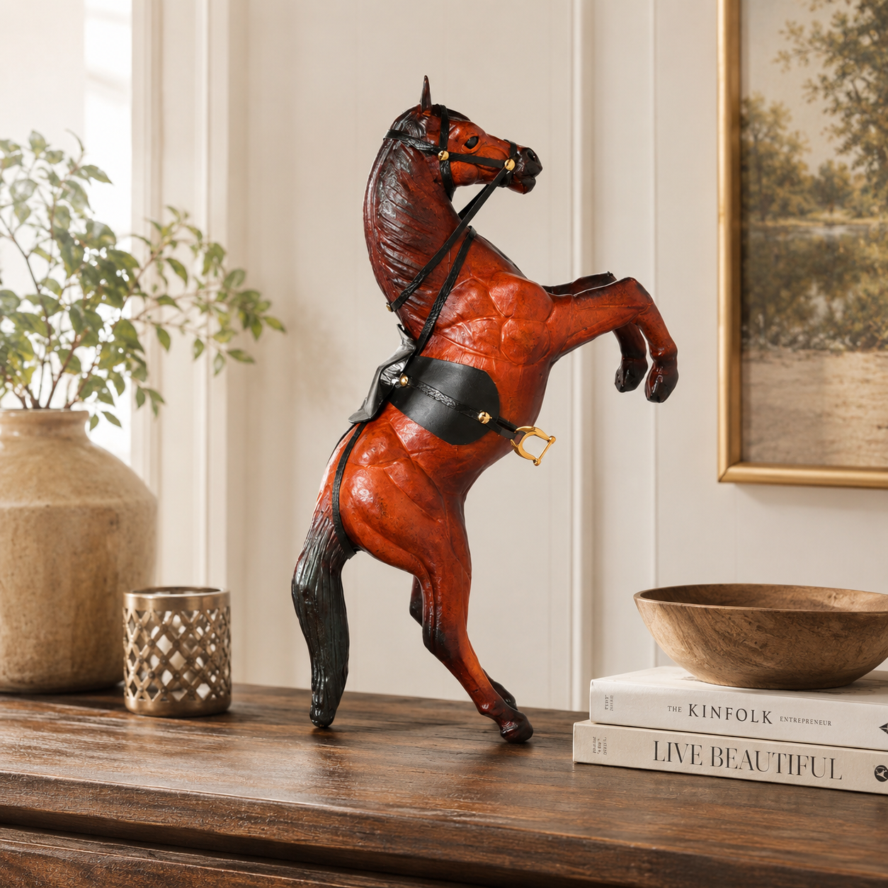 Handcrafted Leather Rearing Horse Showpiece – Luxury Desk Decor