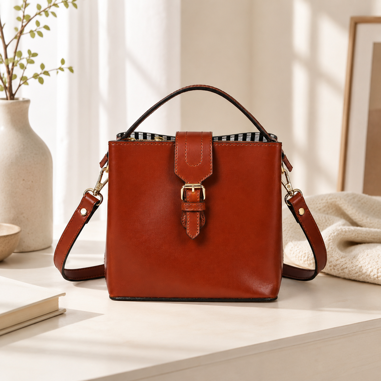 Leather Top Handle Sling Bag – Elegant Shoulder Bag with Gold Hardware