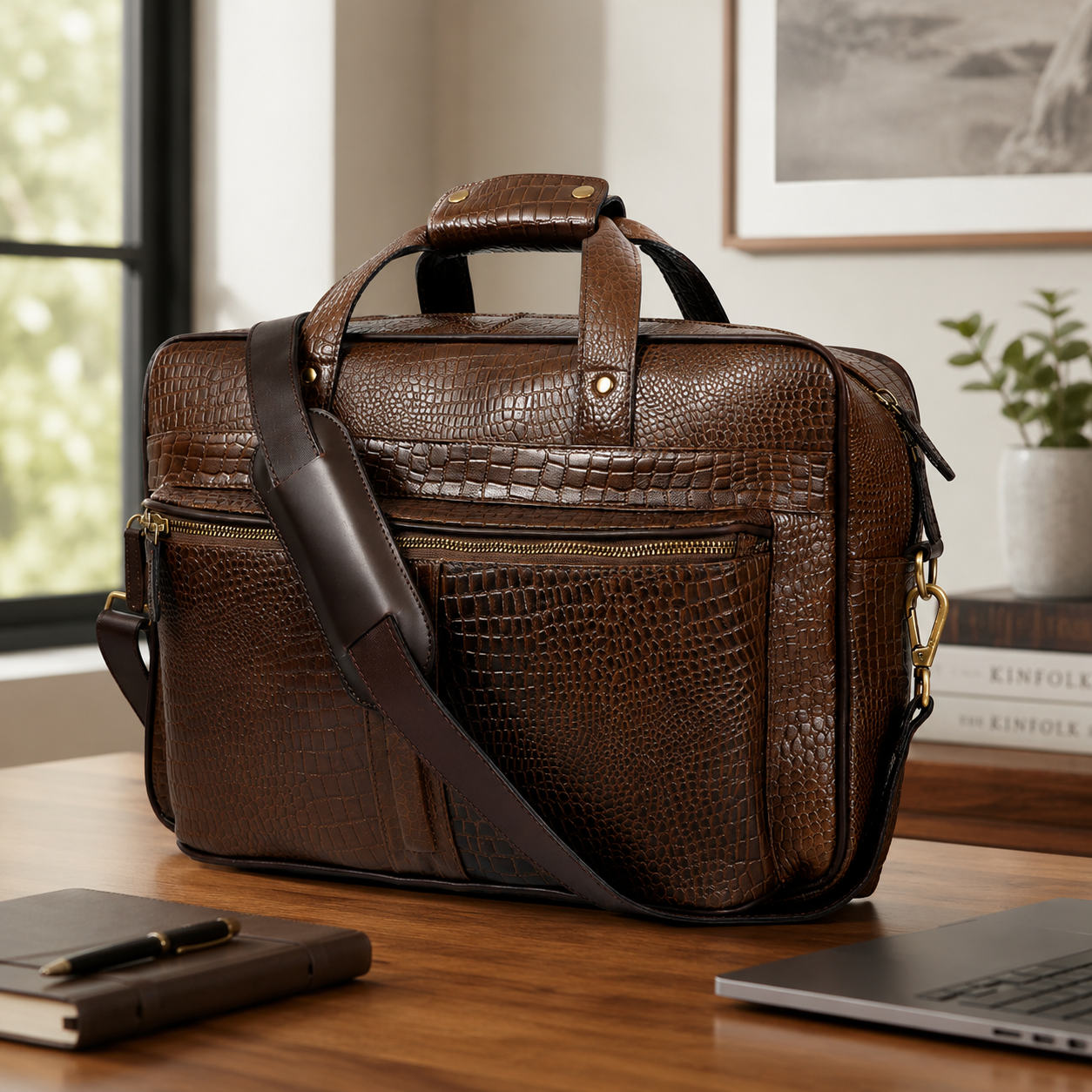 Croc-Embossed Leather Office Bag – Professional Laptop Briefcase