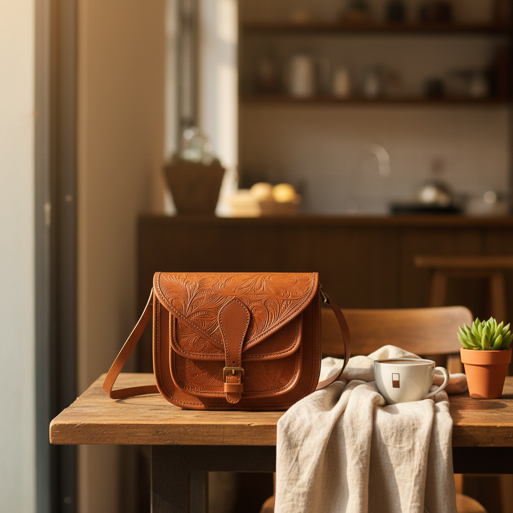 Embossed Leather Crossbody Bag – Buckle Flap Sling Bag
