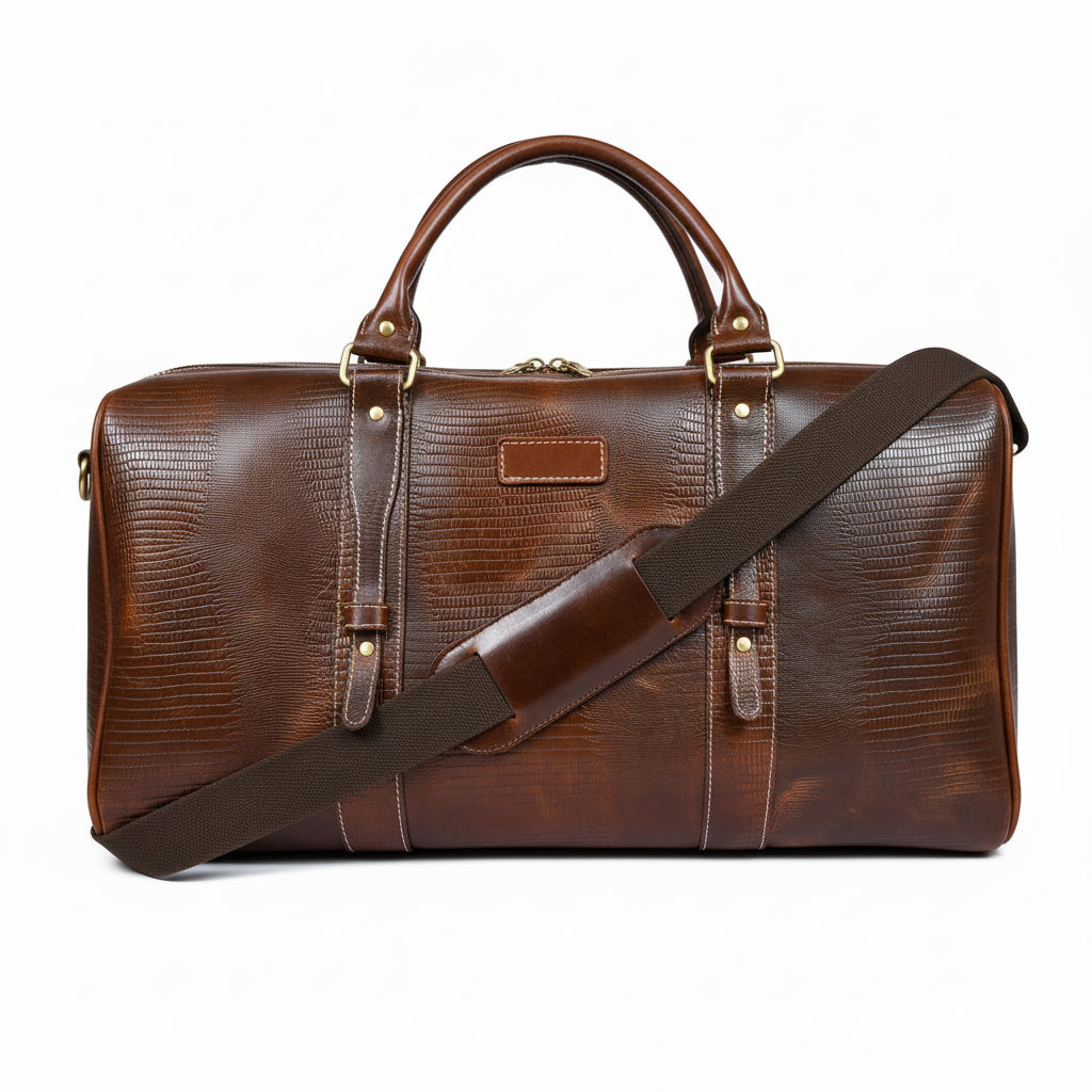 Brown Croc-Textured Leather Duffle Bag – Weekender Travel Bag