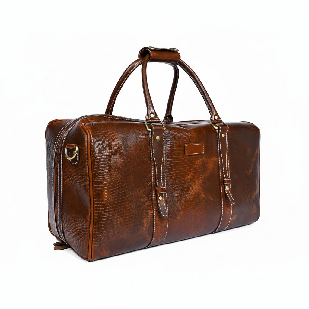 Brown Croc-Textured Leather Duffle Bag – Weekender Travel Bag