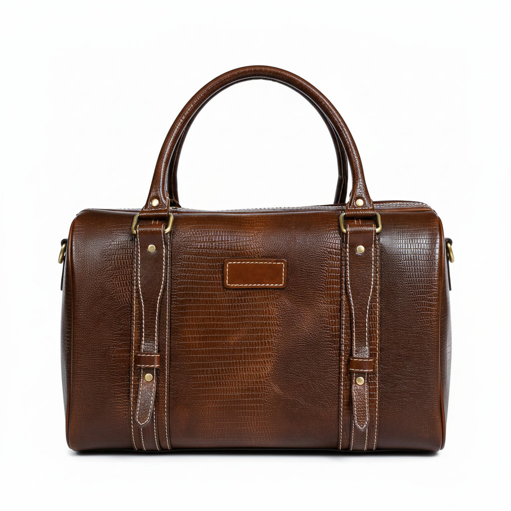 Brown Croc-Textured Leather Duffle Bag – Weekender Travel Bag