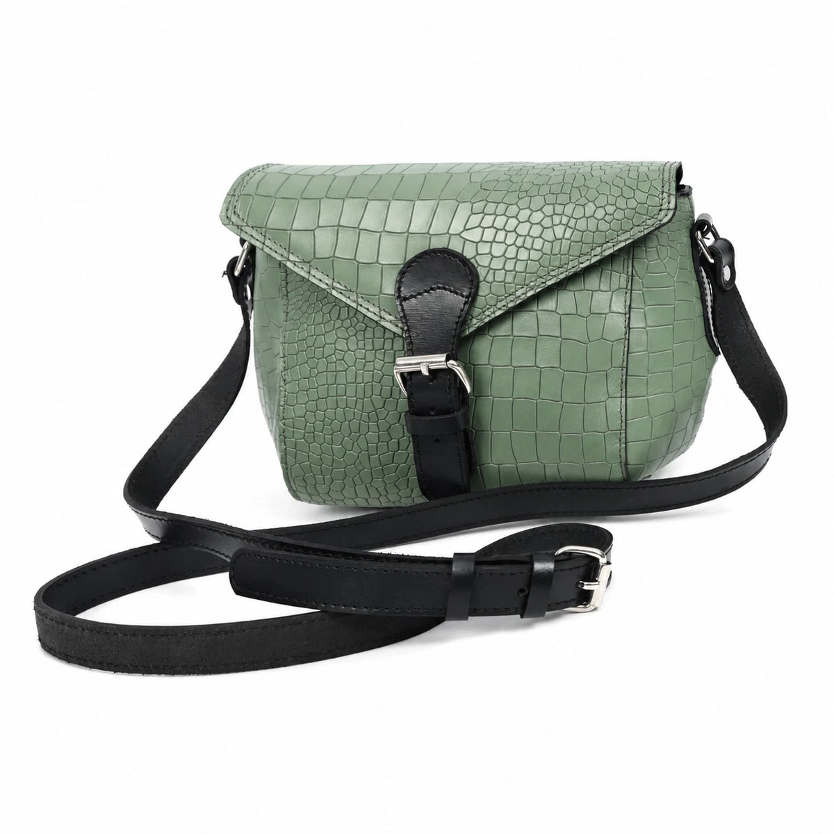 Green Croc-Embossed Leather Crossbody Bag – Sling Bag with Zip Closure