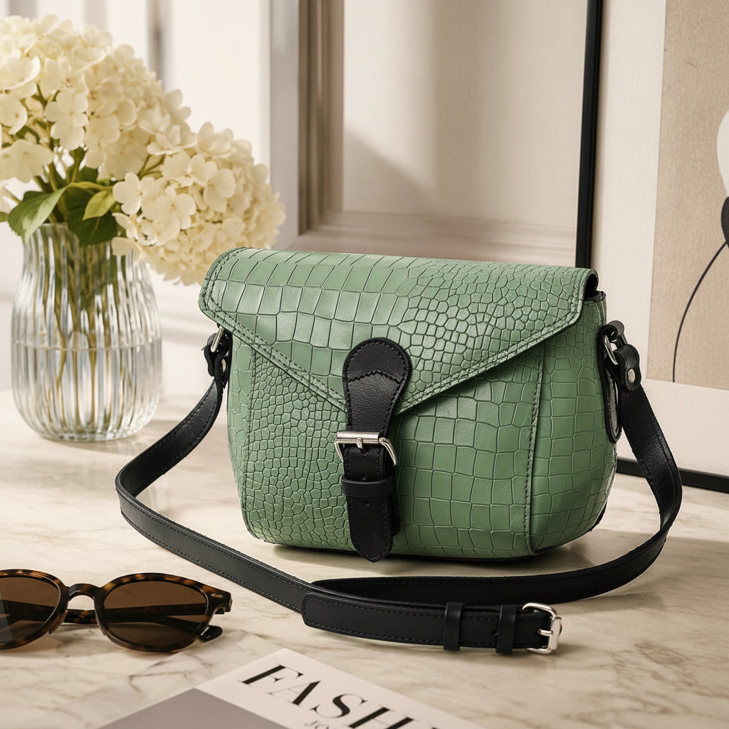 Green Croc-Embossed Leather Crossbody Bag – Sling Bag with Zip Closure