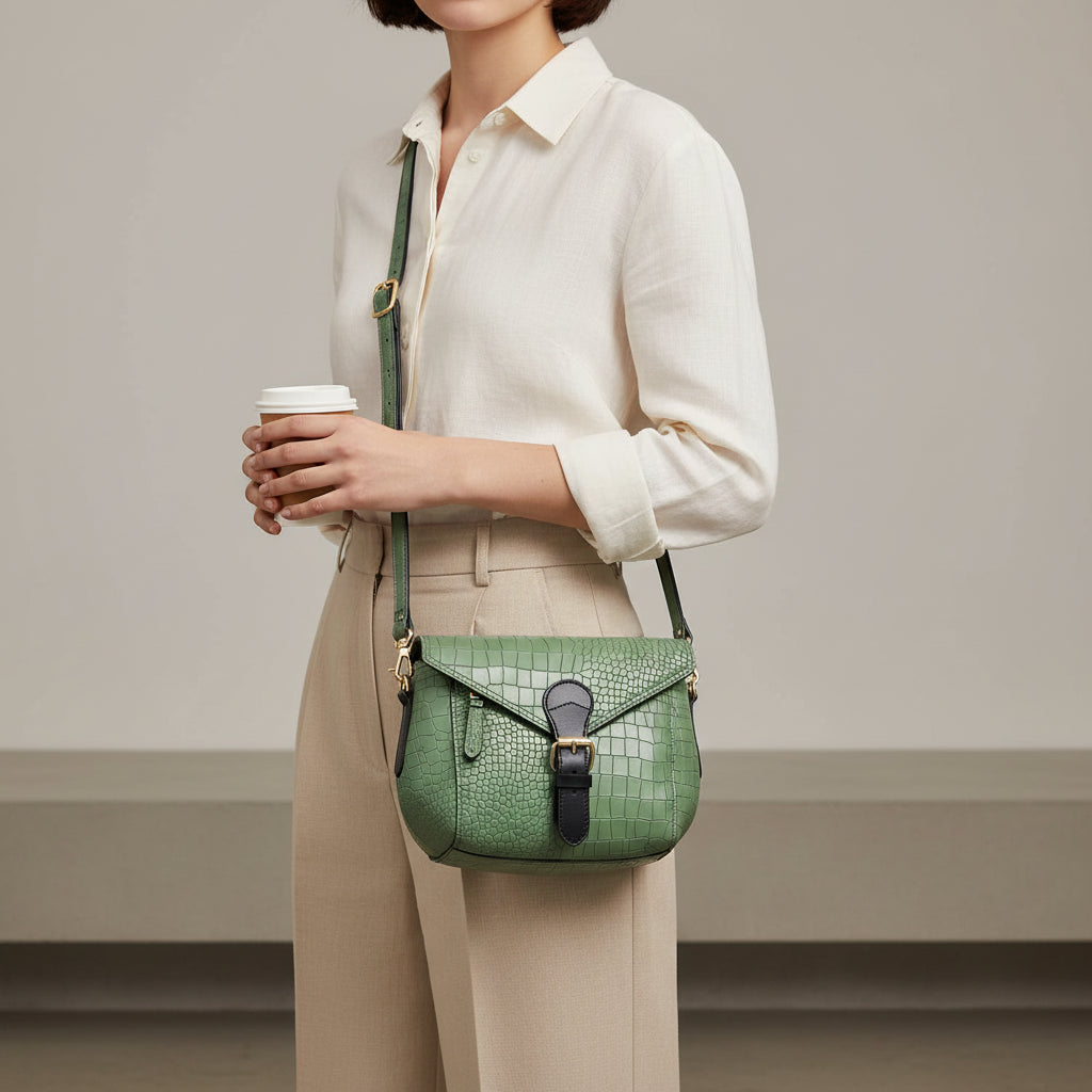 Green Croc-Embossed Leather Crossbody Bag – Sling Bag with Zip Closure
