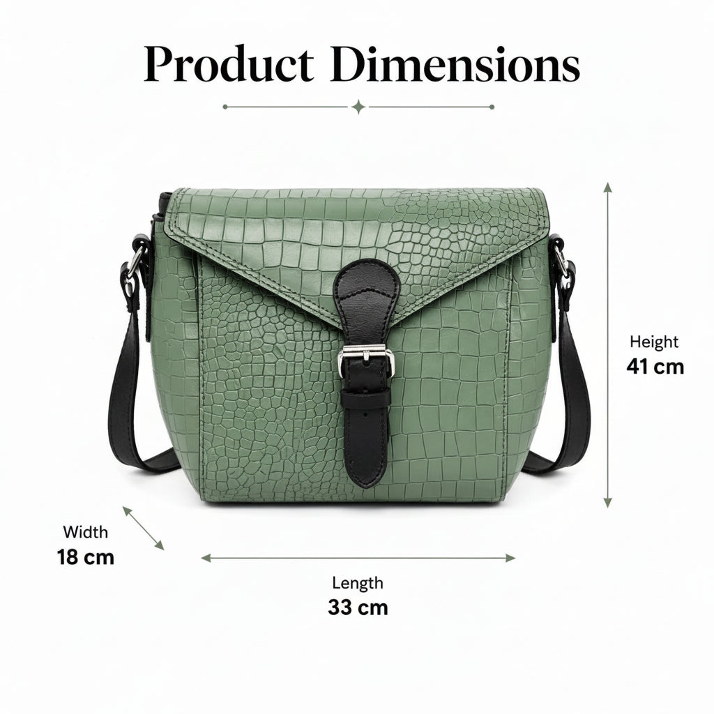 Green Croc-Embossed Leather Crossbody Bag – Sling Bag with Zip Closure