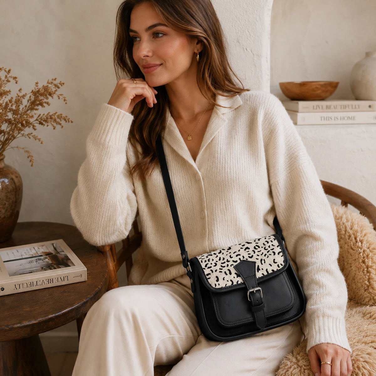 Black Leather Crossbody Bag – Animal Print Flap Sling Purse