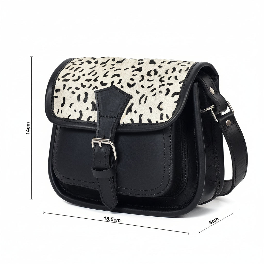 Black Leather Crossbody Bag – Animal Print Flap Sling Purse