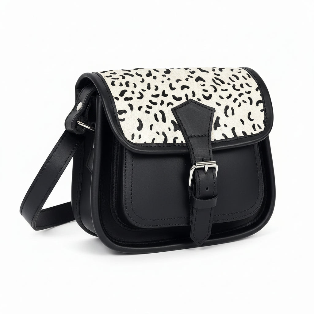 Black Leather Crossbody Bag – Animal Print Flap Sling Purse