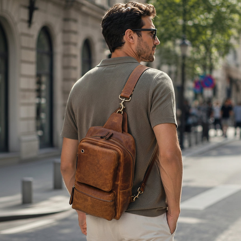 Men’s Tan Leather Crossbody Bag – Genuine Leather Sling Bag